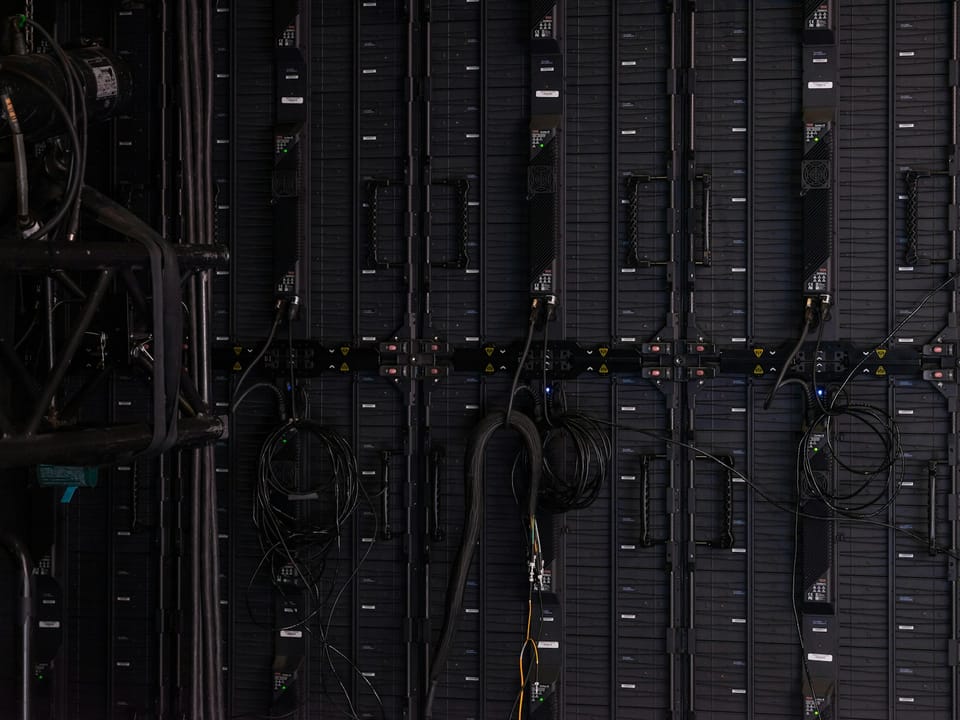 Rows of server equipment and cables