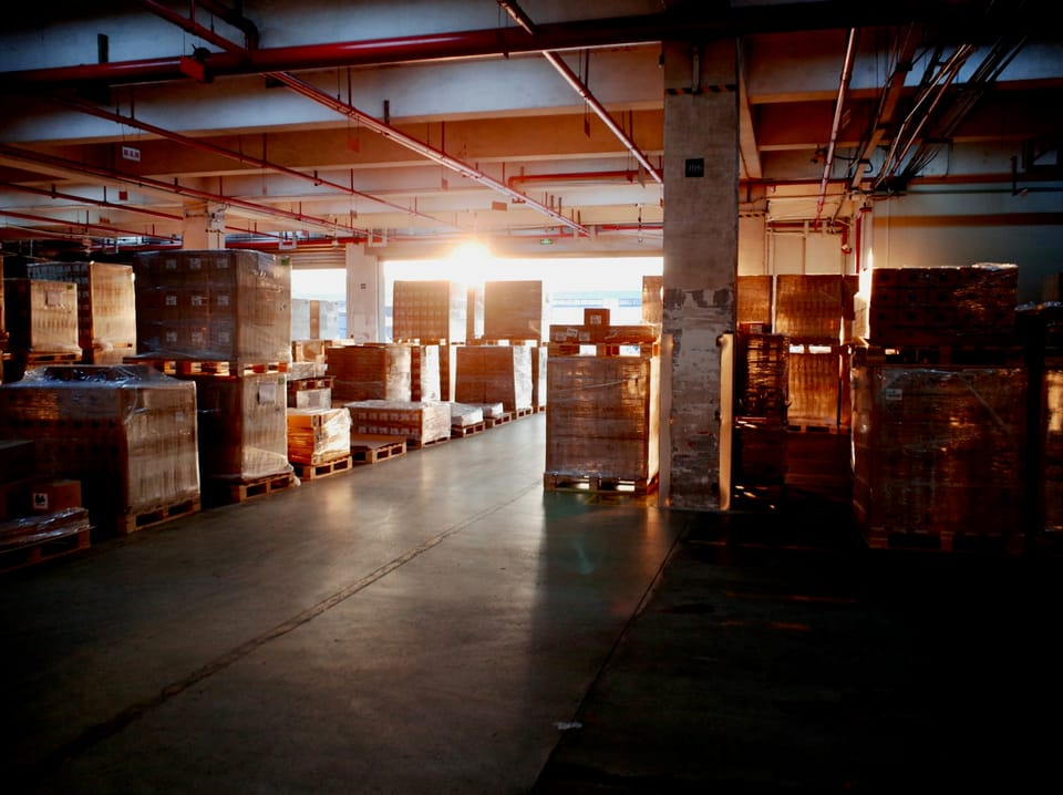 Warehouse shelves at sunset
